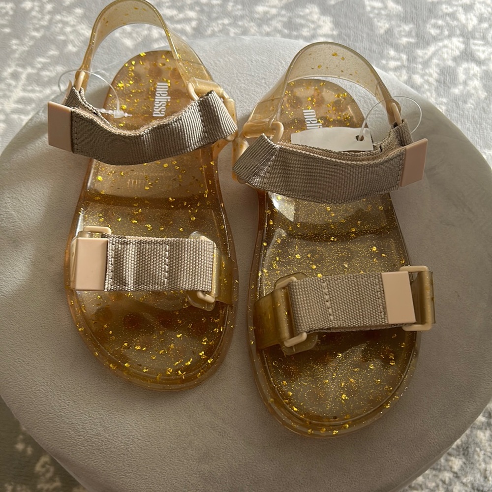 Melissa Gold Glitter Clear Jelly Sandals with Beige Straps - Picture 1 of 8